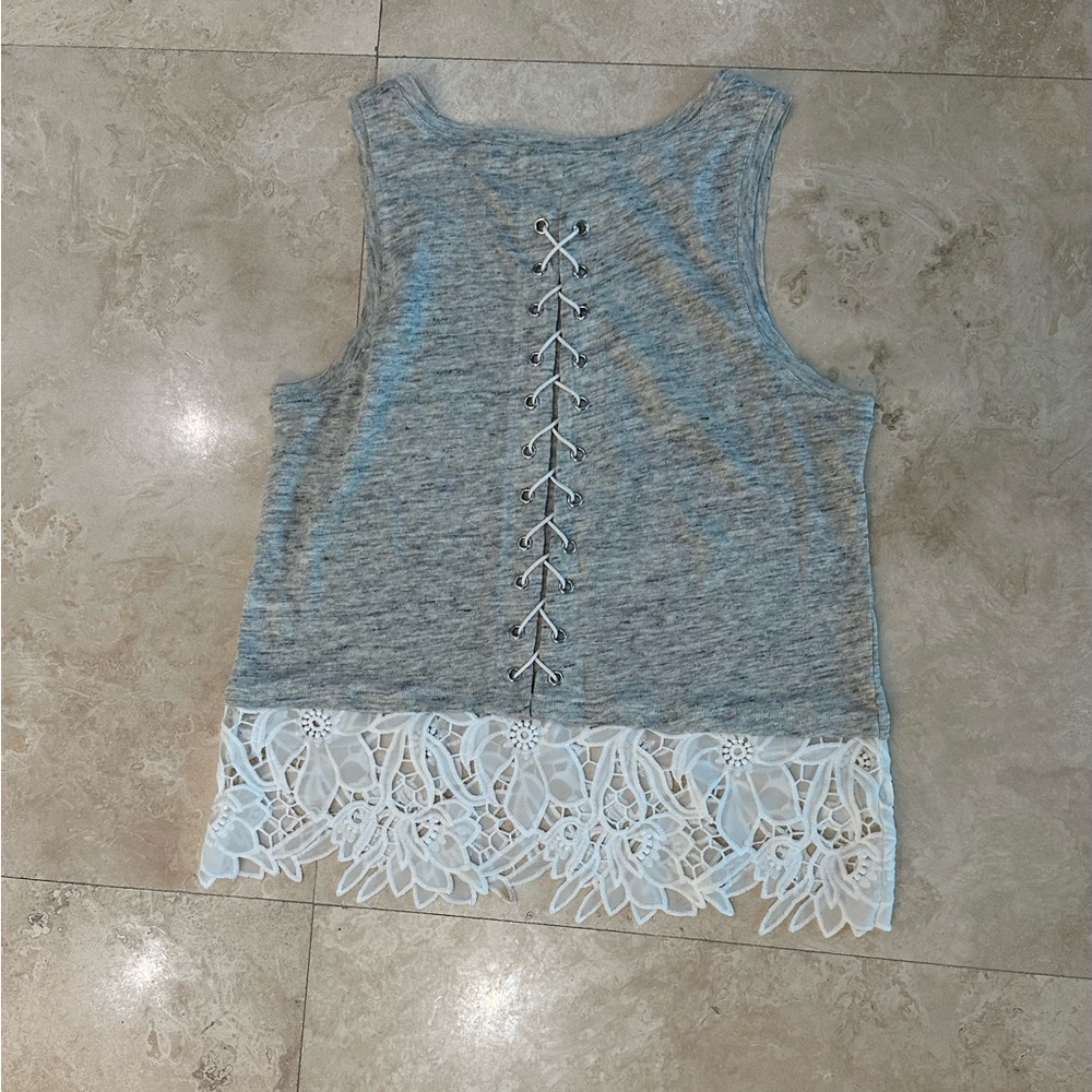 Generation Love gray linen tank white  lace trim, back tie up detail small - Picture 5 of 6